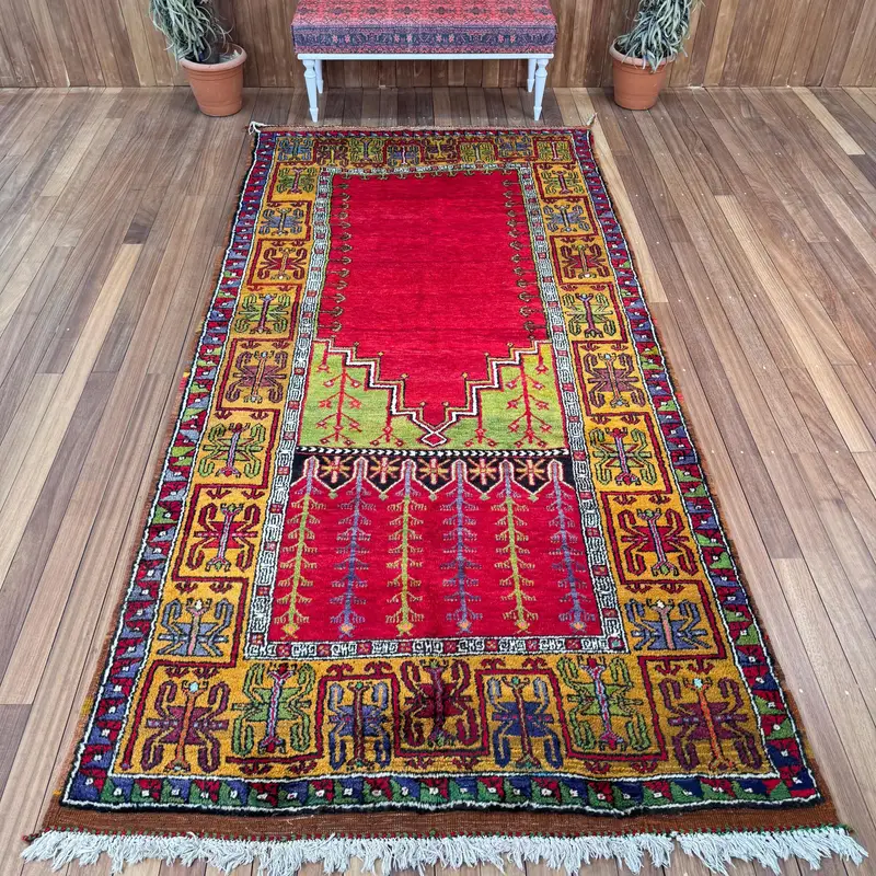 Turkish Large Rug 5.4x11 ft, Red Yellow Polka dot Rug Wool - 1