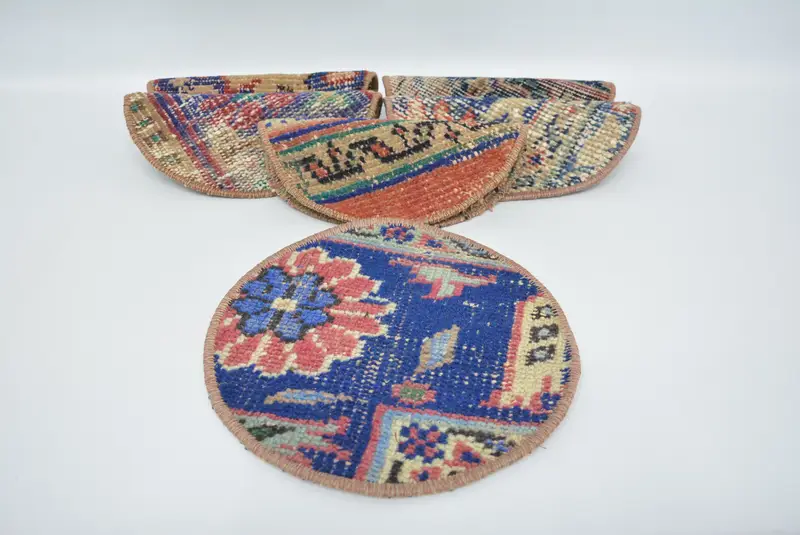 ブルーとレッドのキリム プレースマット、10インチ×10インチの円形6枚セット