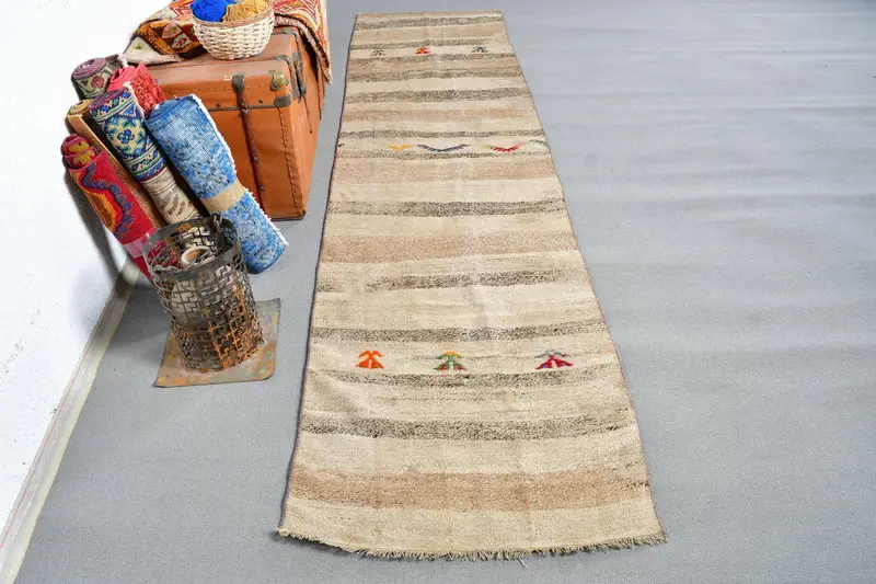 2.6x10 ft Türk Halısı, Vintage Yolluk Halısı, Kahverengi Gri Düz Halı - 1