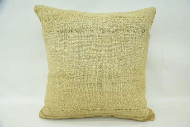 Turkish Plaid Wool Euro Sham, Antique 16x16 inch Beige Pillowcase - 1