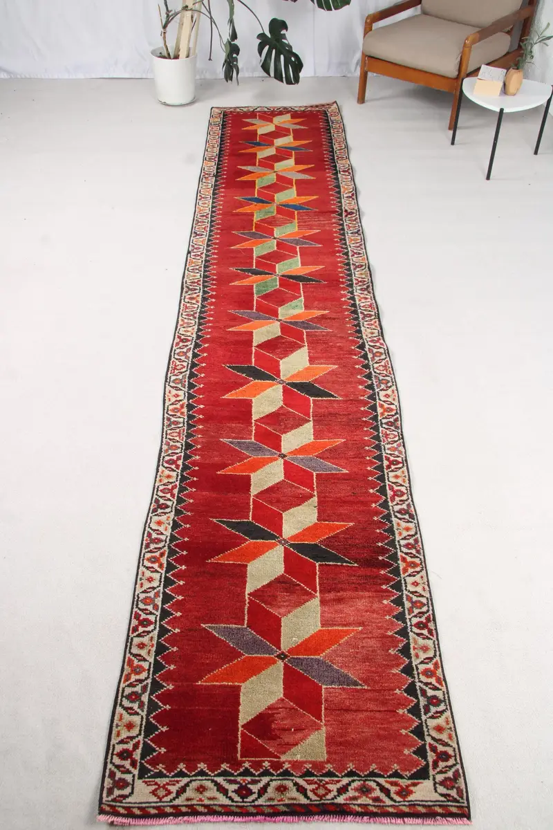 Vintage Turkish Runner Rug 2.6x13.4 ft, Herki Red Wool Rug - 1