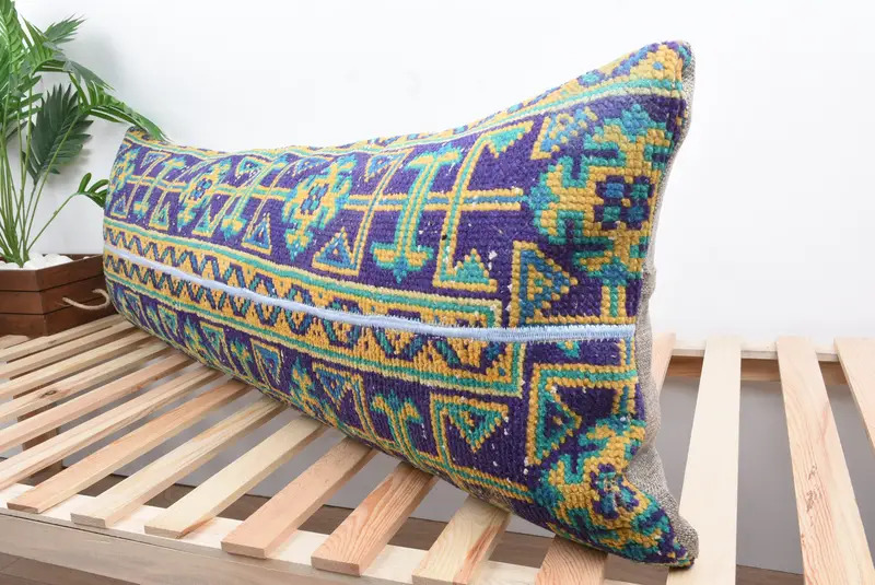 Crochet Pattern Pillow Cover, Pillow, Vintage Kilim Throw Pillow, 16x48 Blue Pillow Cover, Pillow for Sofa, Boho Pillow Sham Cover - 5