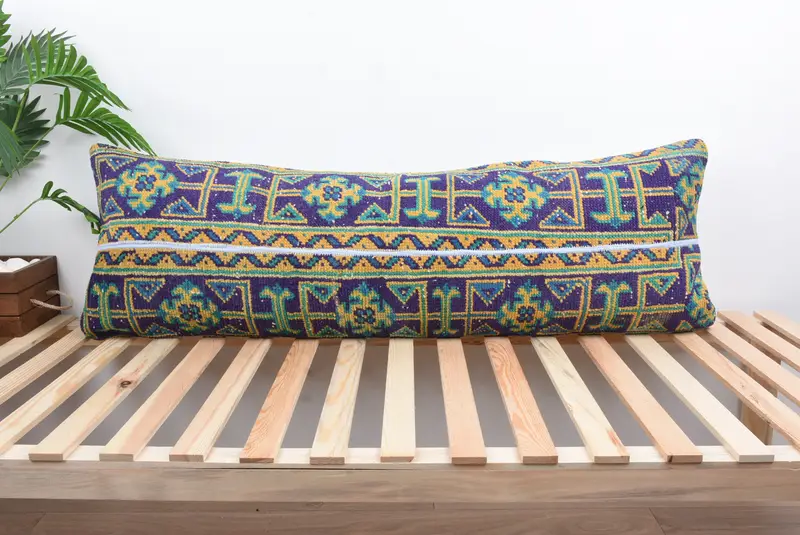 Crochet Pattern Pillow Cover, Pillow, Vintage Kilim Throw Pillow, 16x48 Blue Pillow Cover, Pillow for Sofa, Boho Pillow Sham Cover - 1