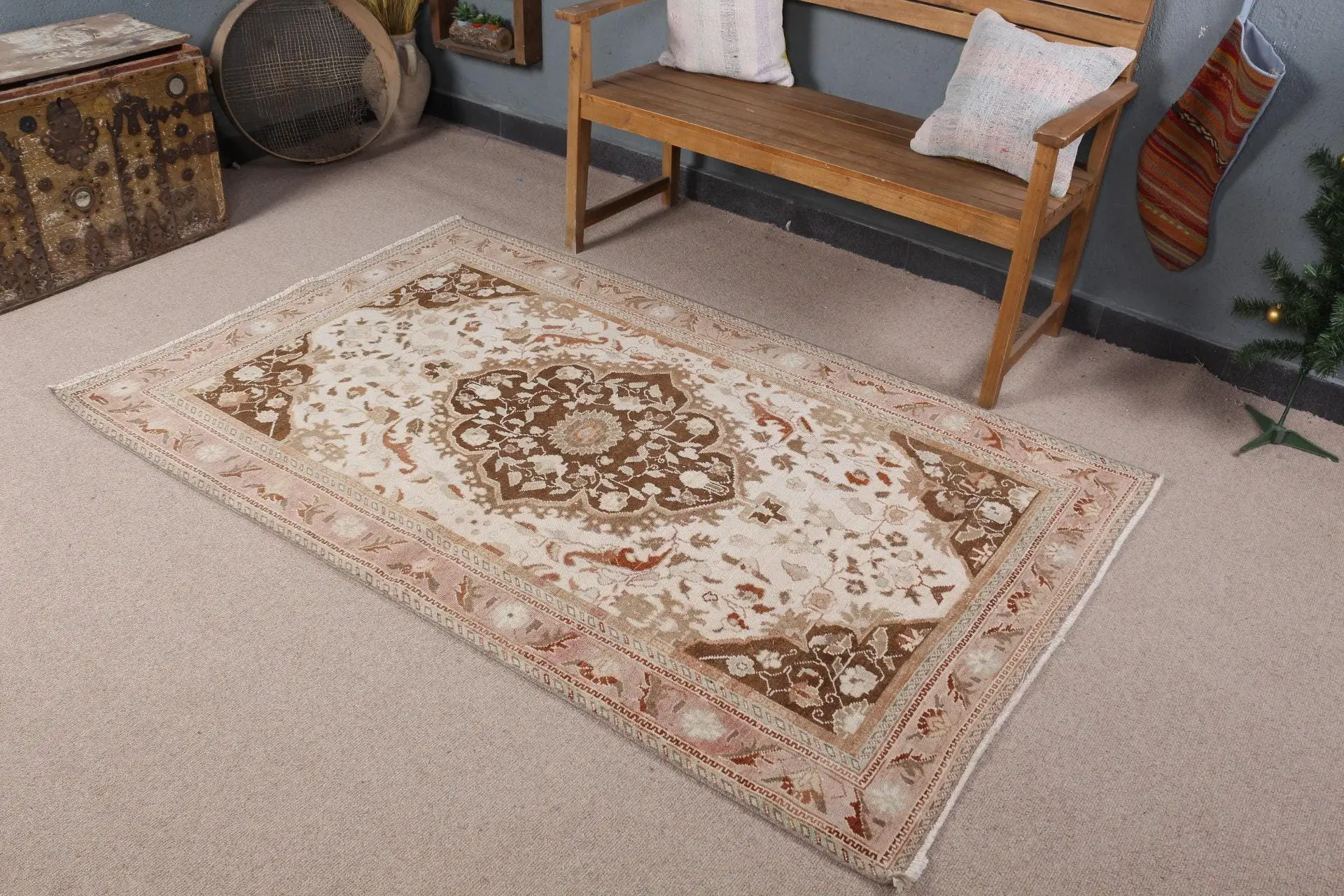 4.1x6.4 ft Vintage Turkish Rug, Area Rug, Brown White Oriental Wool Rug - 1