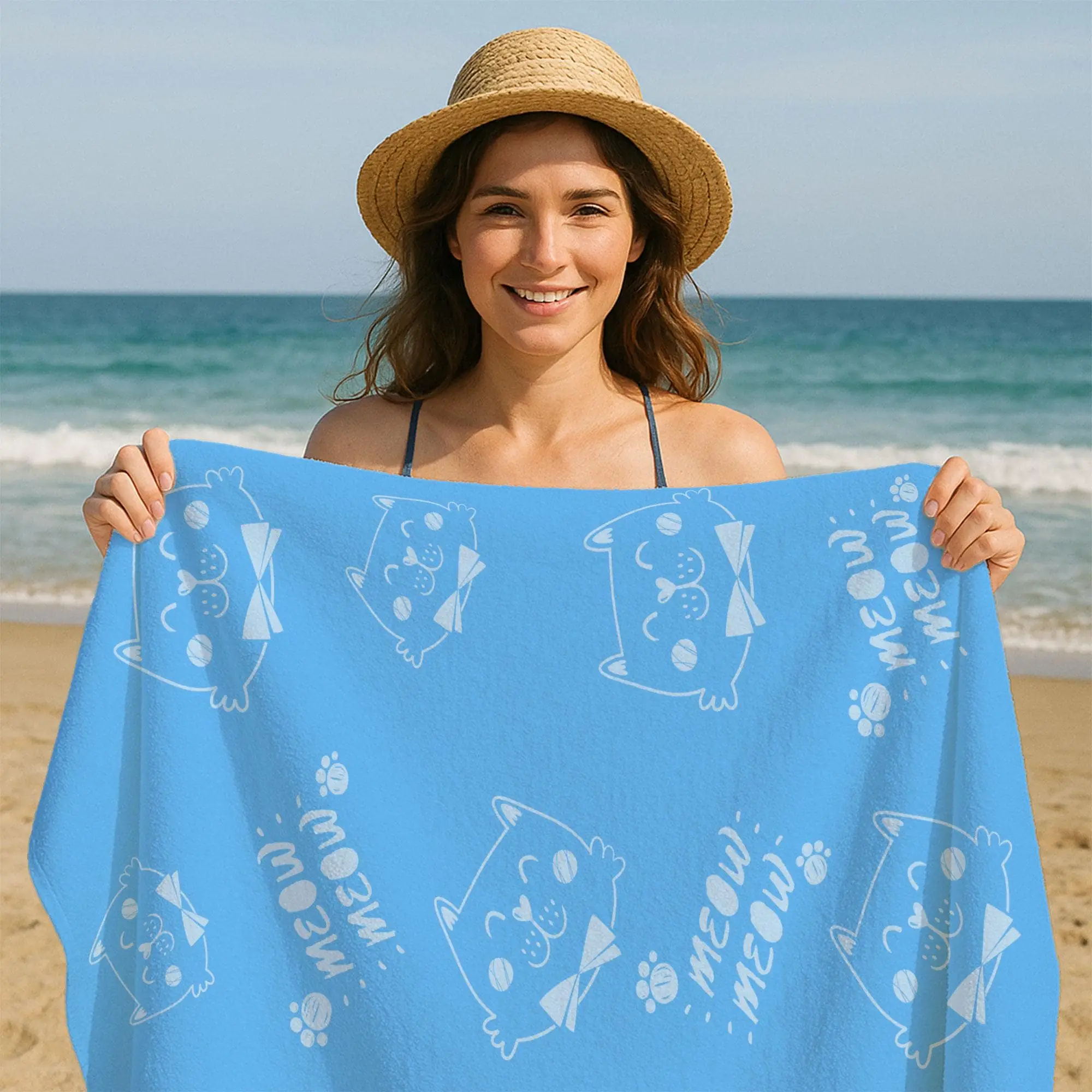 Personalized Cat Beach Towel Custom Name Kitty Design, 28x53 Inches - 1