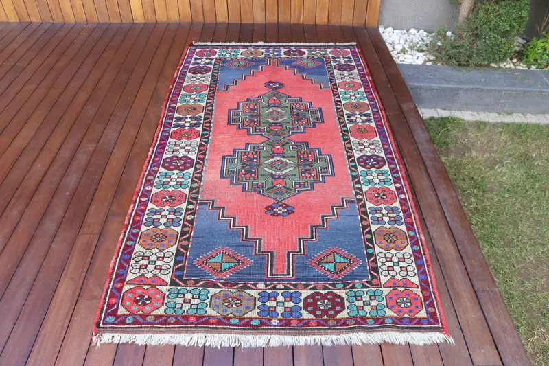 Roter, blauer Tarnteppich, 3,9 x 7,1 Fuß, schickes Dekor