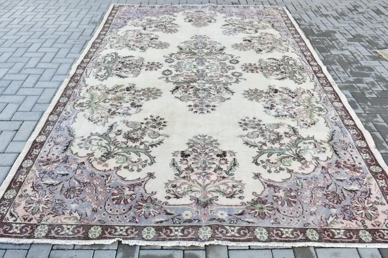 7.1x12.6 ft Türk Halısı, Oushak Halısı, Beyaz Çiçekli Halı Yünü - 1