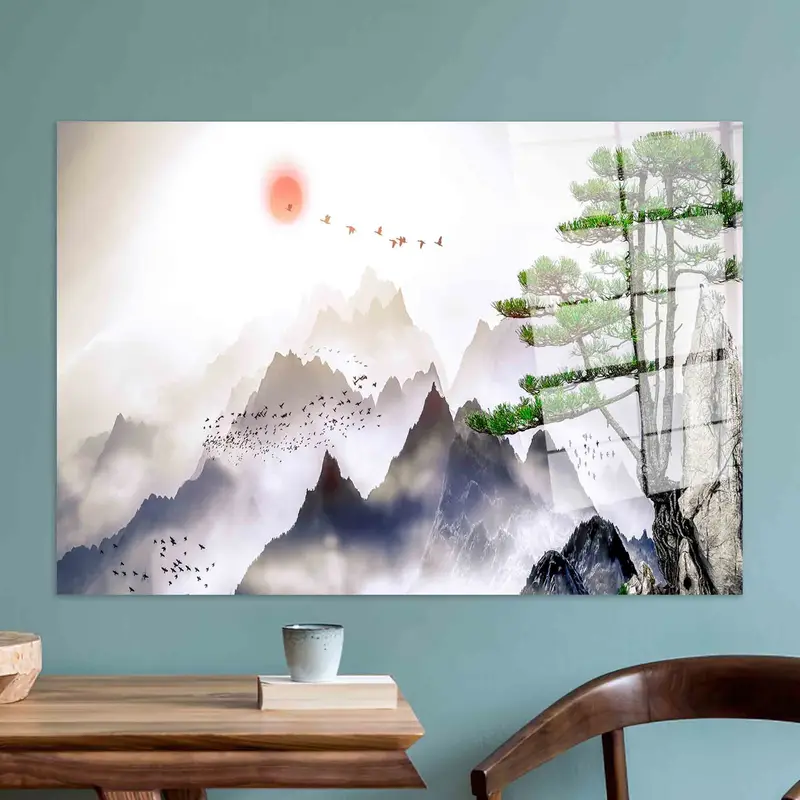 Elegant Japanese Mountain Landscape Printed Glass - Modern Elegance