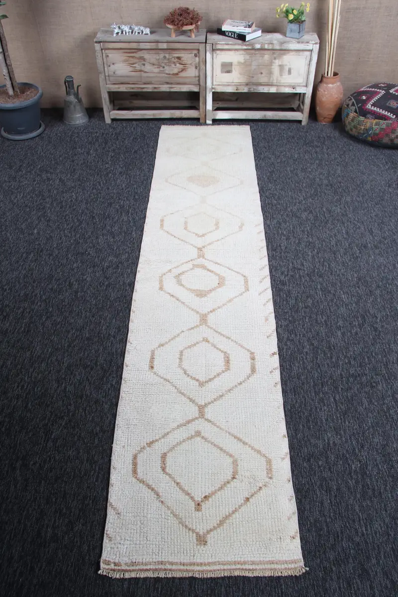 2.3x10.7 ft Halı, Vintage Herki Halı, Türk Bej Yün Geometrik Halı - 1