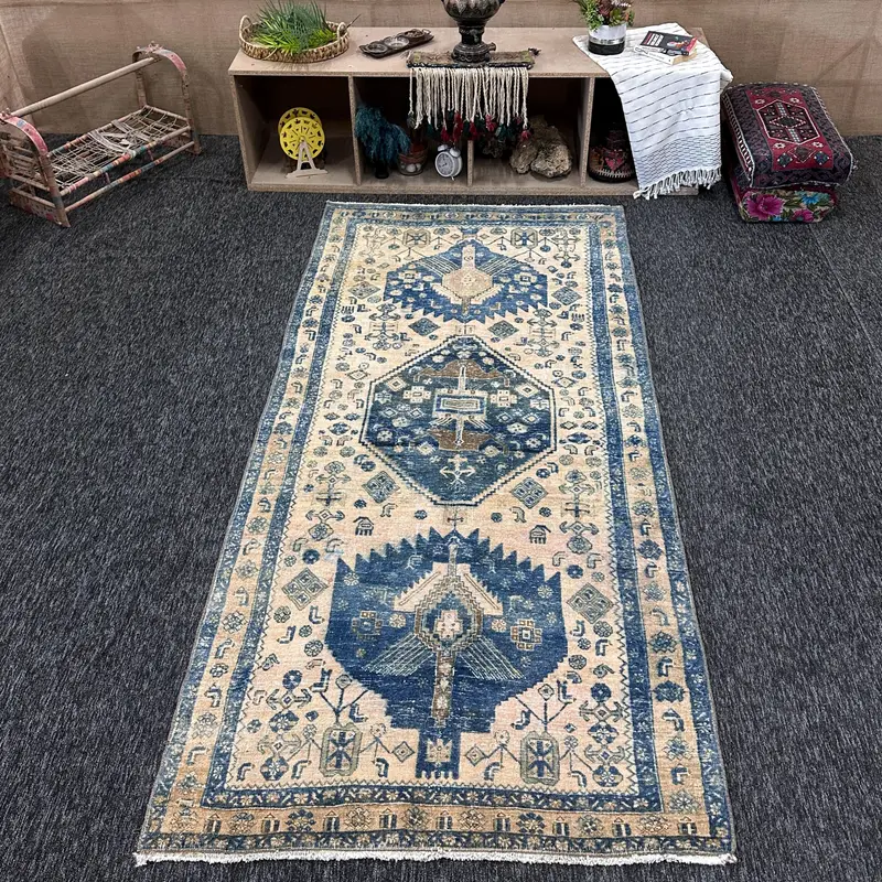 Türkischer 4,1 x 9,4 Fuß großer Teppich, Vintage-Teppich, blau-brauner Paisley-Wollteppich - 1