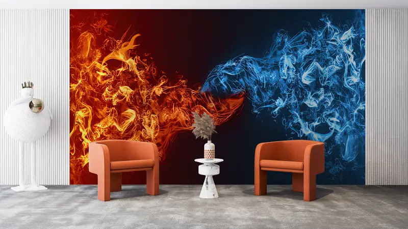 エレメンタルバトル: 火、水、熱、寒さのプリント壁紙