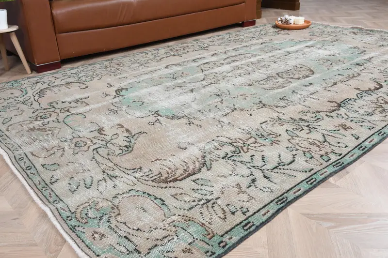 Türk Vintage Halı 5.8x9.2 ft, Mavi Oushak Çizgili Halı - 1