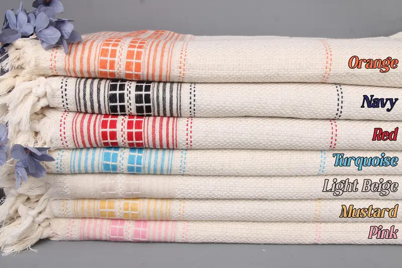 Striped Throw Decorative Beige Linen Blanket, Solid Sashiko Embroidered, 93x95 Inches