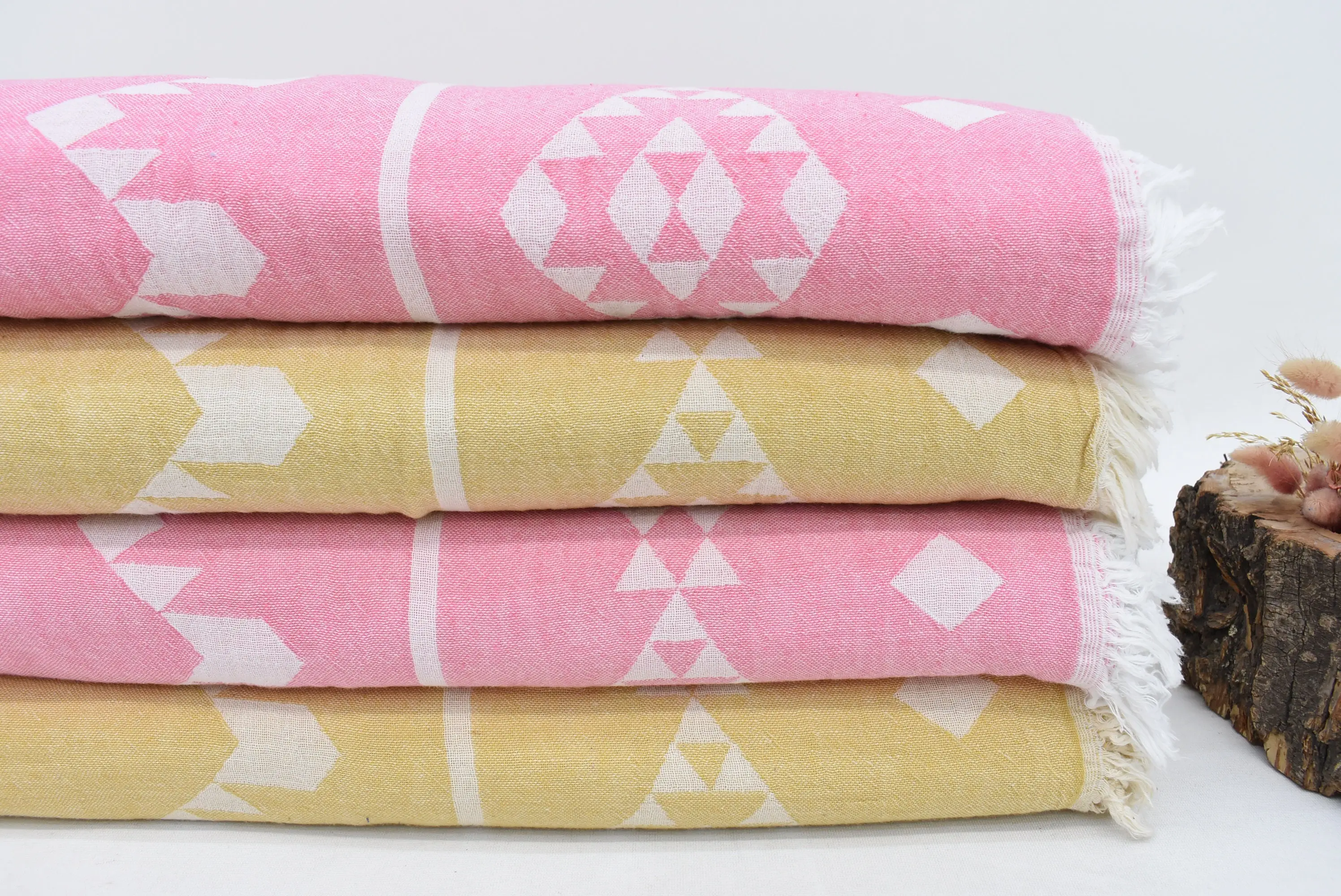 Throw Blanket Couch Organic Cotton Pink Geometric, 70x60 Inches - 1
