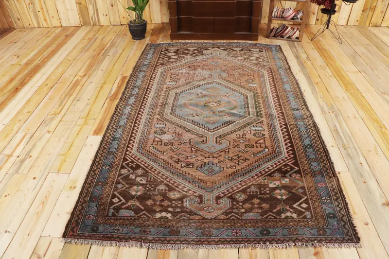 4.9x7.7 ft Area Turkish Rug, Vintage Rug, Brown Blue Ikat Wool Rug - 1
