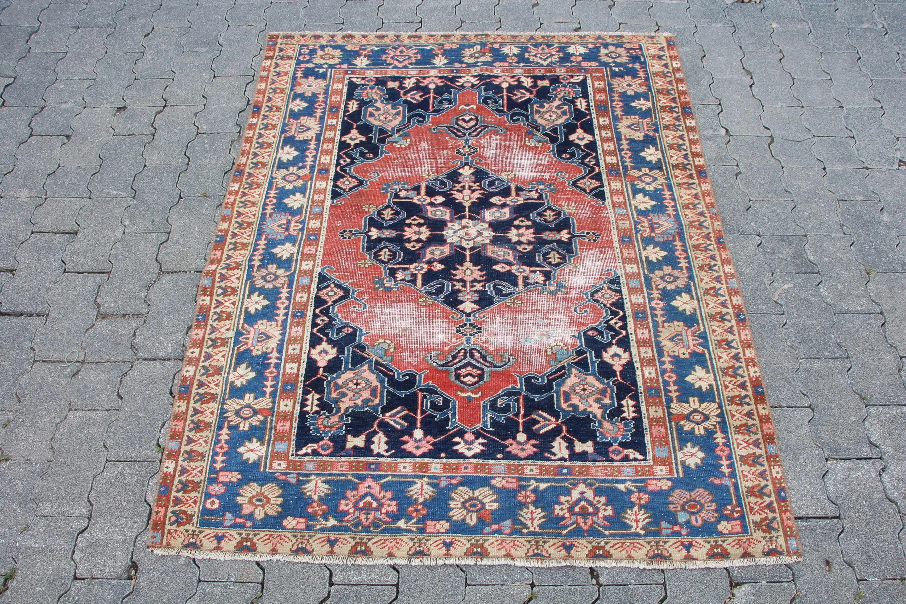 Türk 3.6x4.6 ft Accent Halı, Vintage Halı, Mavi Çizgili Halı - 1