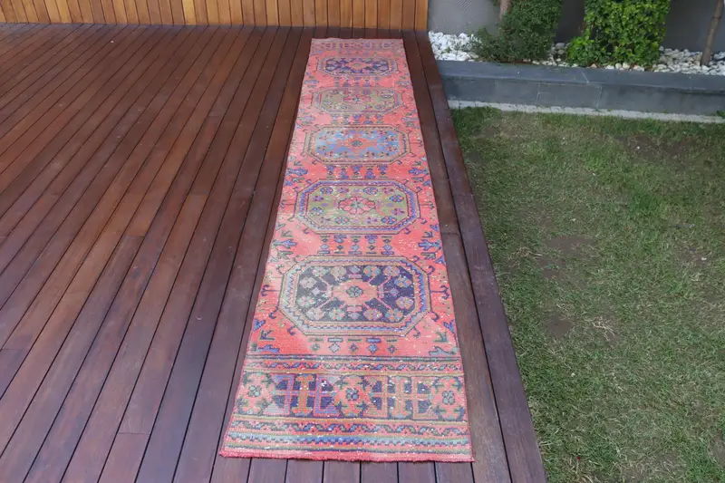 2.1x11.1 ft Rug, Vintage Turkish Runner Rug, Red Oushak Wool Rug - 1