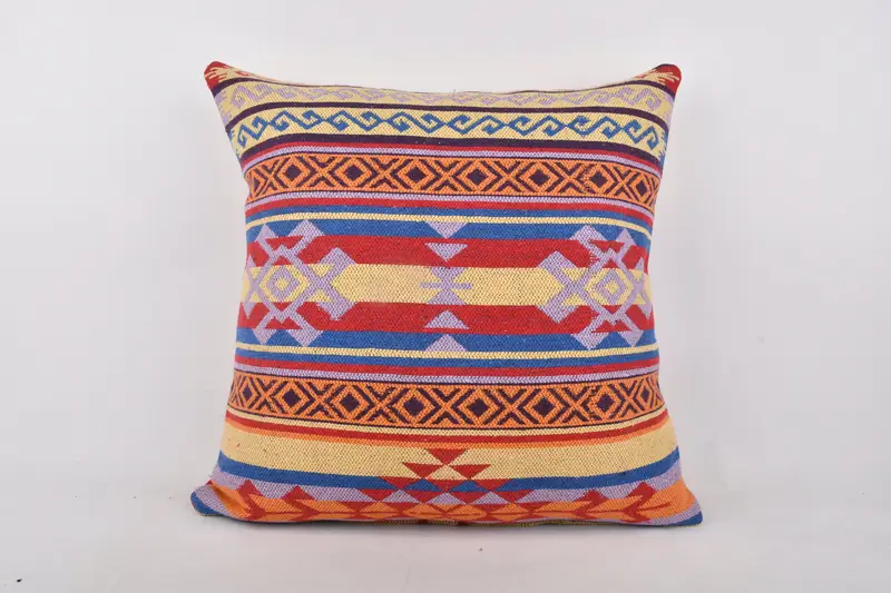 Almohada de lanzamiento geométrico azul y amarillo hecha a mano, cojín vintage