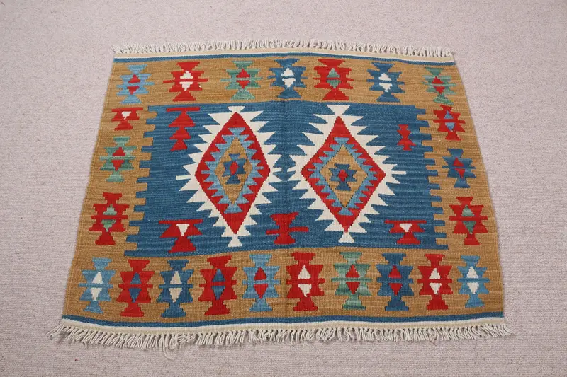 ブラウン サウスウェスタン ラグ、2.6x3.3 フィート ブルー アクセント