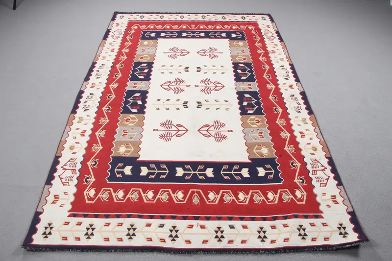 Türk Alan Halısı 4.9x7.6 ft (150x231 cm), Kilim Kırmızı Çiçekli Vintage Halı - 1