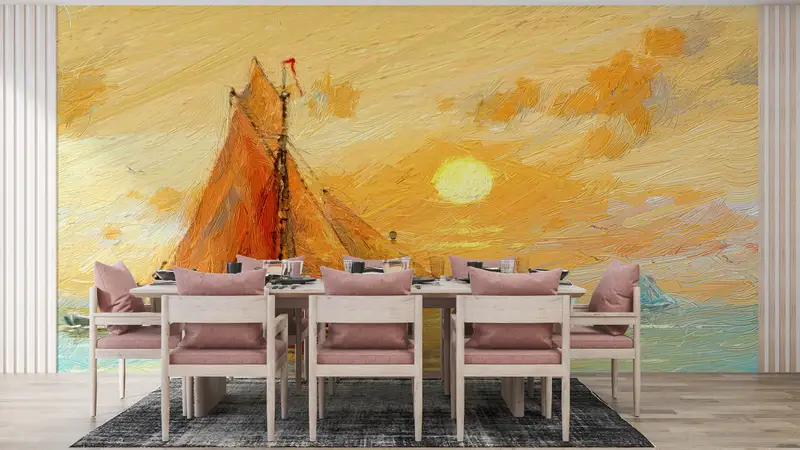 Fishing Boats Paiting, Sunset Landscape Wall Art, Abstract Sea Mural, View Wall Mural, Seascape Wall Art, Boat Landscape Wall Art, - 1