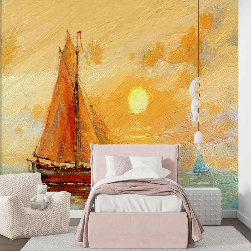 Fishing Boats Paiting, Sunset Landscape Wall Art, Abstract Sea Mural, View Wall Mural, Seascape Wall Art, Boat Landscape Wall Art, - 2