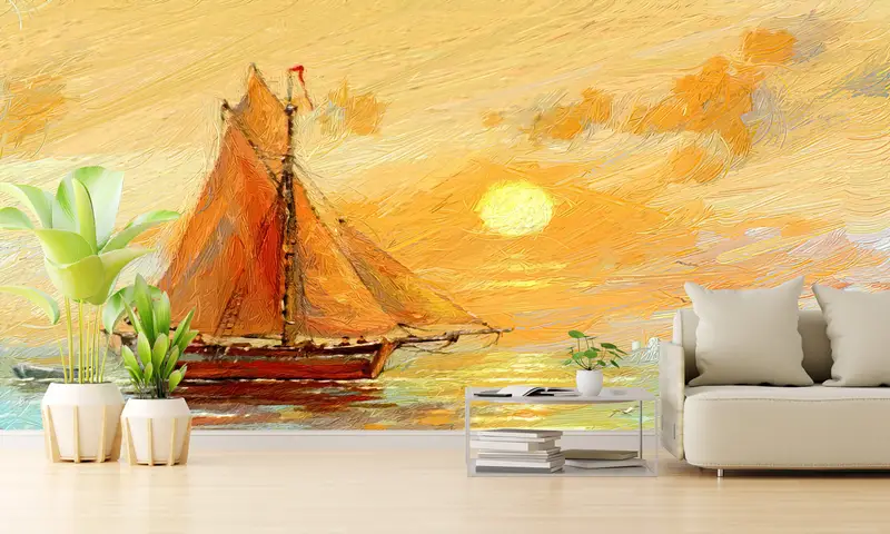 Fishing Boats Paiting, Sunset Landscape Wall Art, Abstract Sea Mural, View Wall Mural, Seascape Wall Art, Boat Landscape Wall Art, - 9