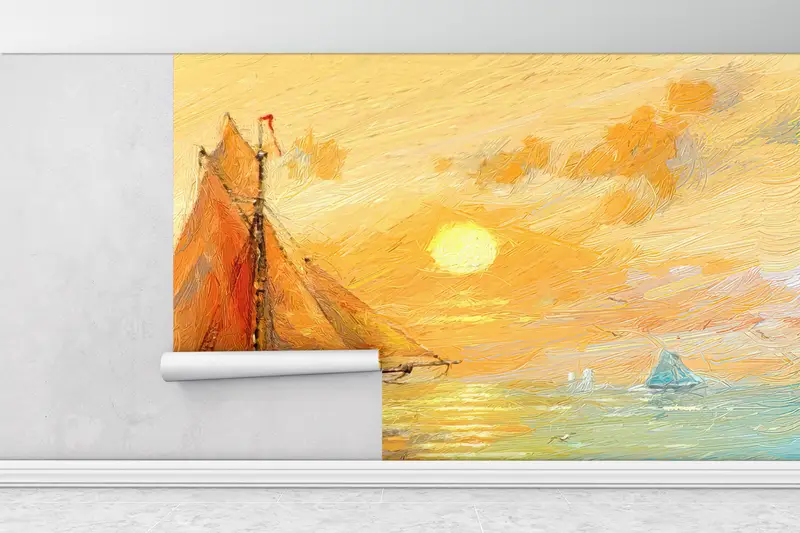 Fishing Boats Paiting, Sunset Landscape Wall Art, Abstract Sea Mural, View Wall Mural, Seascape Wall Art, Boat Landscape Wall Art, - 6