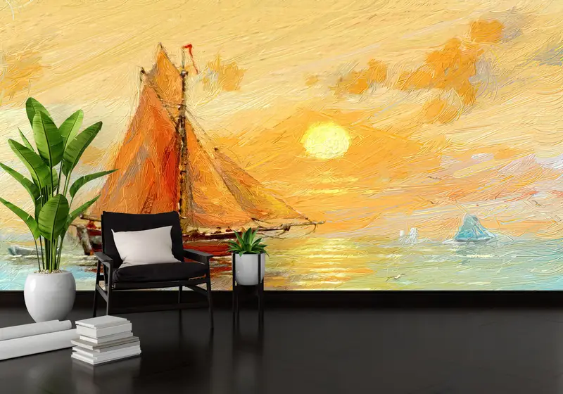 Fishing Boats Paiting, Sunset Landscape Wall Art, Abstract Sea Mural, View Wall Mural, Seascape Wall Art, Boat Landscape Wall Art, - 3