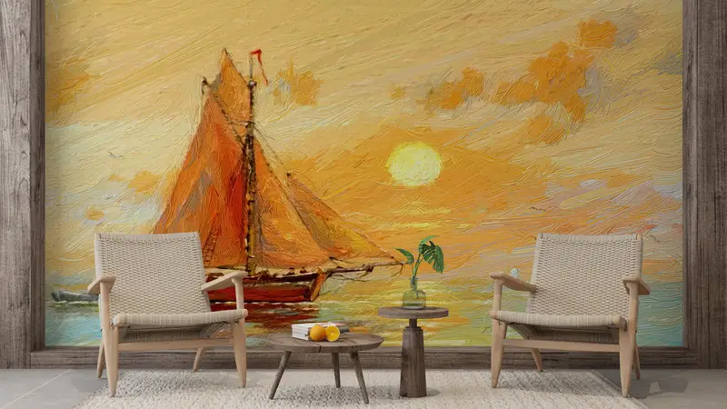 Fishing Boats Paiting, Sunset Landscape Wall Art, Abstract Sea Mural, View Wall Mural, Seascape Wall Art, Boat Landscape Wall Art, - 7