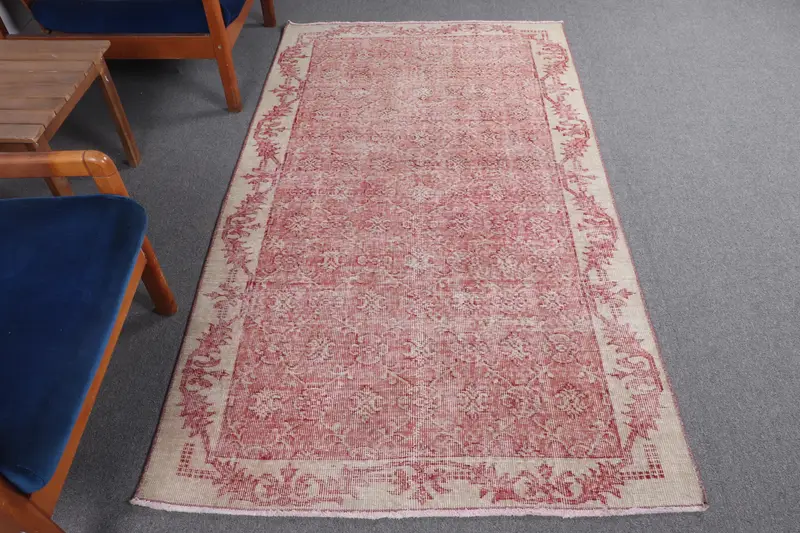 Oushak Turkish Rug, 3.7x6.7 ft Vintage Rug, Red Camouflage Wool Rug - 1