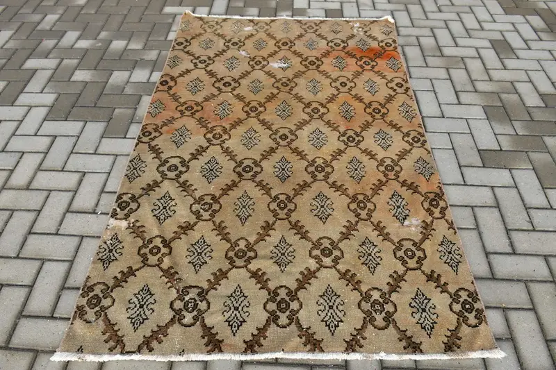 Vintage Halı, 4.2x6.4 ft Alan Türk Halısı, Oushak Kahverengi Turuncu Çiçekli Halı - 1