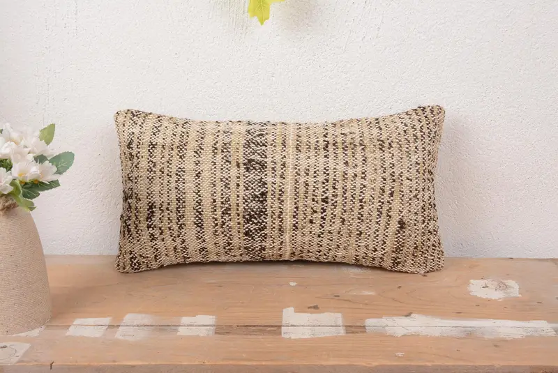 Embroidered Beige & Brown Throw Pillow, Vintage Striped Cushion