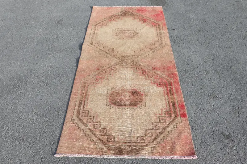 Türk Vintage Oushak Halı 3x6.4 ft, Kırmızı Vurgulu Soyut Yün Halı - 1