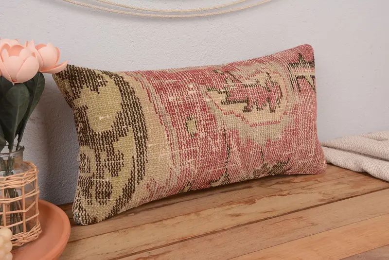 Rot & Beige gestreiftes Wurfkissen, Vintage besticktes Rechteckkissen