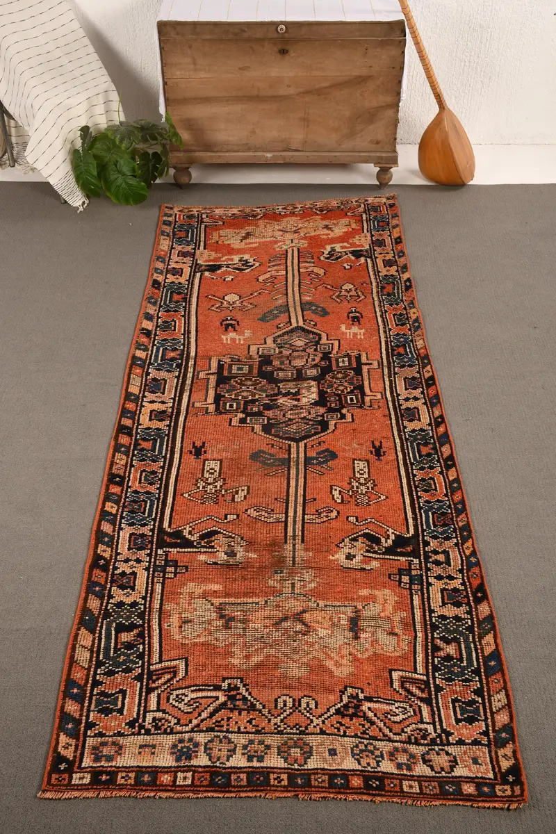 Vintage 3,5x9,4 ft Läufer Teppich, Türkischer Teppich, Herki Orange Marokkanischer Teppich - 1