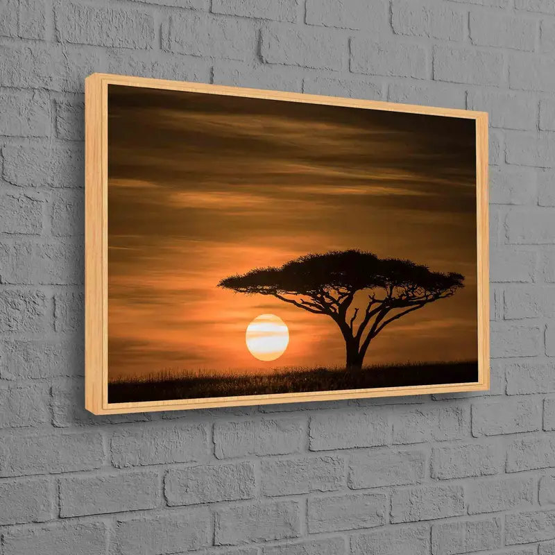 Serengeti Gündoğumu Kanvas Tablosu: Akasya Ağacı ve Gün Batımı Manzarası