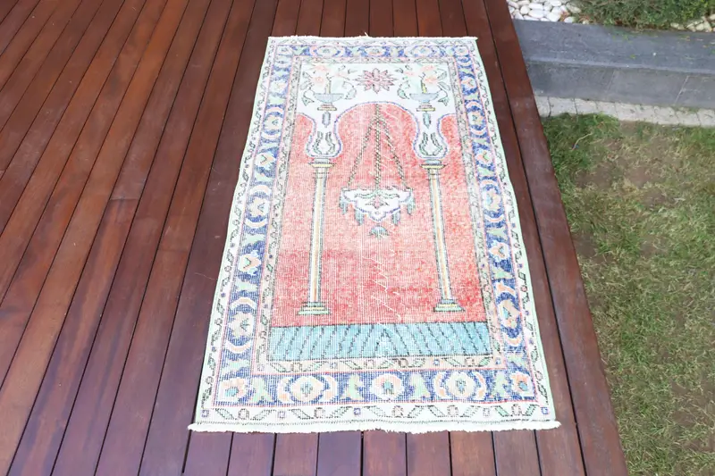 2.6x4.8 ft Small Vintage Rug, Turkish Rug, Red Blue Polka dot Wool Rug - 1