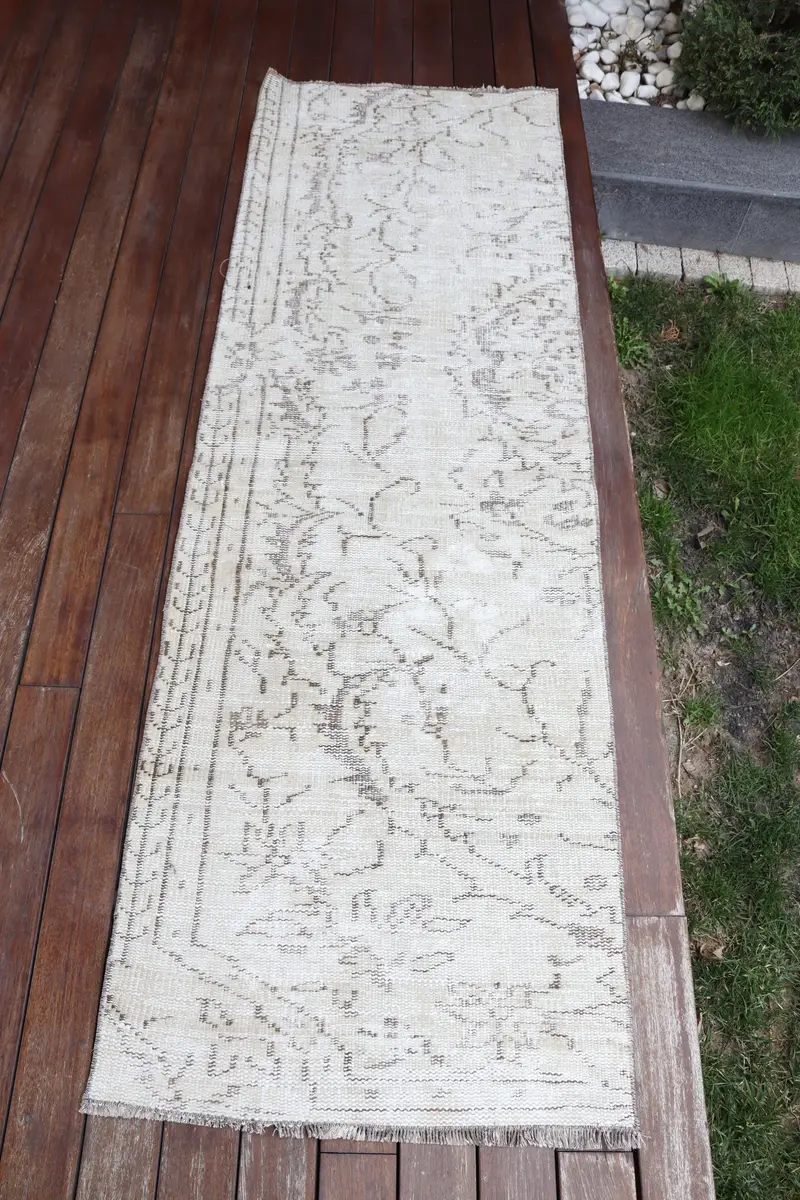 El Yapımı Bej Halı, Kahverengi Desenli 2,2x6,7 ft
