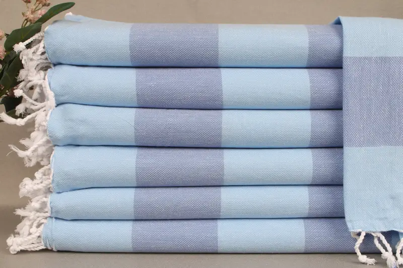 Beach Towel Turkish Cotton Light Blue Stripes, Beige, 40x71 Inches