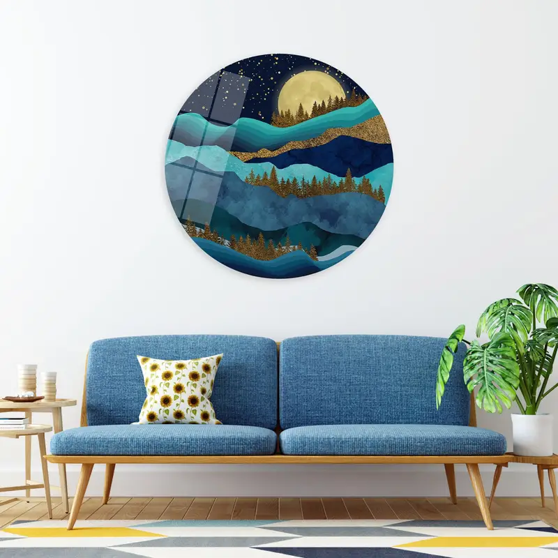 Luxury Gold Canvas: Contemporary Mountain Landscape with Full Moon
