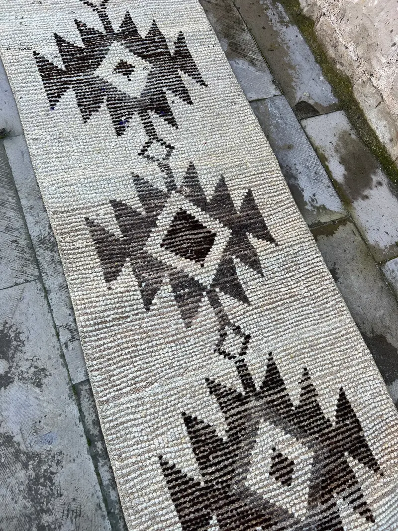 Vintage 2x10.1 ft Halı, Runner Türk Halısı, Kahverengi Beyaz Oryantal Halı - 1