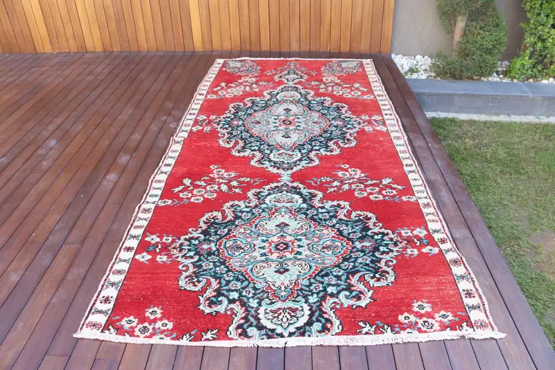 5x9.7 ft Oushak Türk Halısı, Kırmızı Çiçekli Vintage Halı Yün - 1