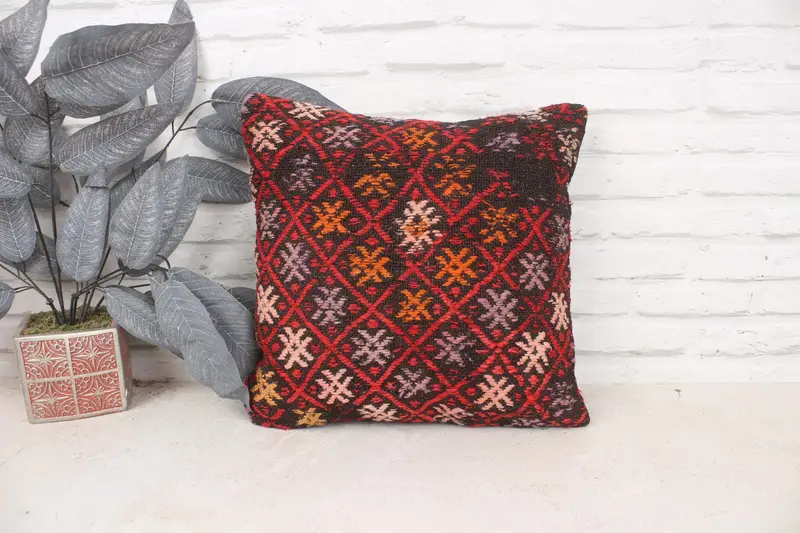 Interior Designer Pillow, 16x16 Red Pillow, Kilim Pillow, Pet Cushion Case, Decorative Bolster Pillow Cover, Pillow Case, Boho Pillow Sham Cover - 1