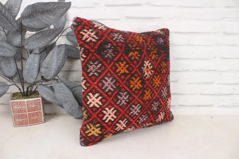 Interior Designer Pillow, 16x16 Red Pillow, Kilim Pillow, Pet Cushion Case, Decorative Bolster Pillow Cover, Pillow Case, Boho Pillow Sham Cover - 3