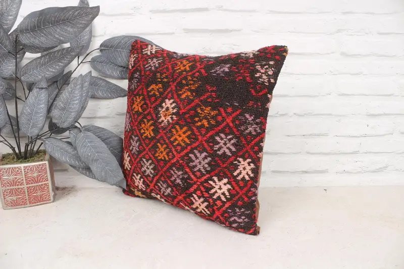 Interior Designer Pillow, 16x16 Red Pillow, Kilim Pillow, Pet Cushion Case, Decorative Bolster Pillow Cover, Pillow Case, Boho Pillow Sham Cover - 4