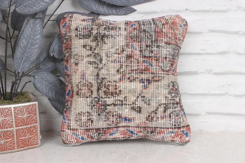 Yoga Cushion, Kilim Pillow Cover, Pillow Case, Vintage Kilim Throw Pillow, Comfy Throw Pillow, 12x12 Beige Pillow Case, Vintage Kilim Pillow - 1