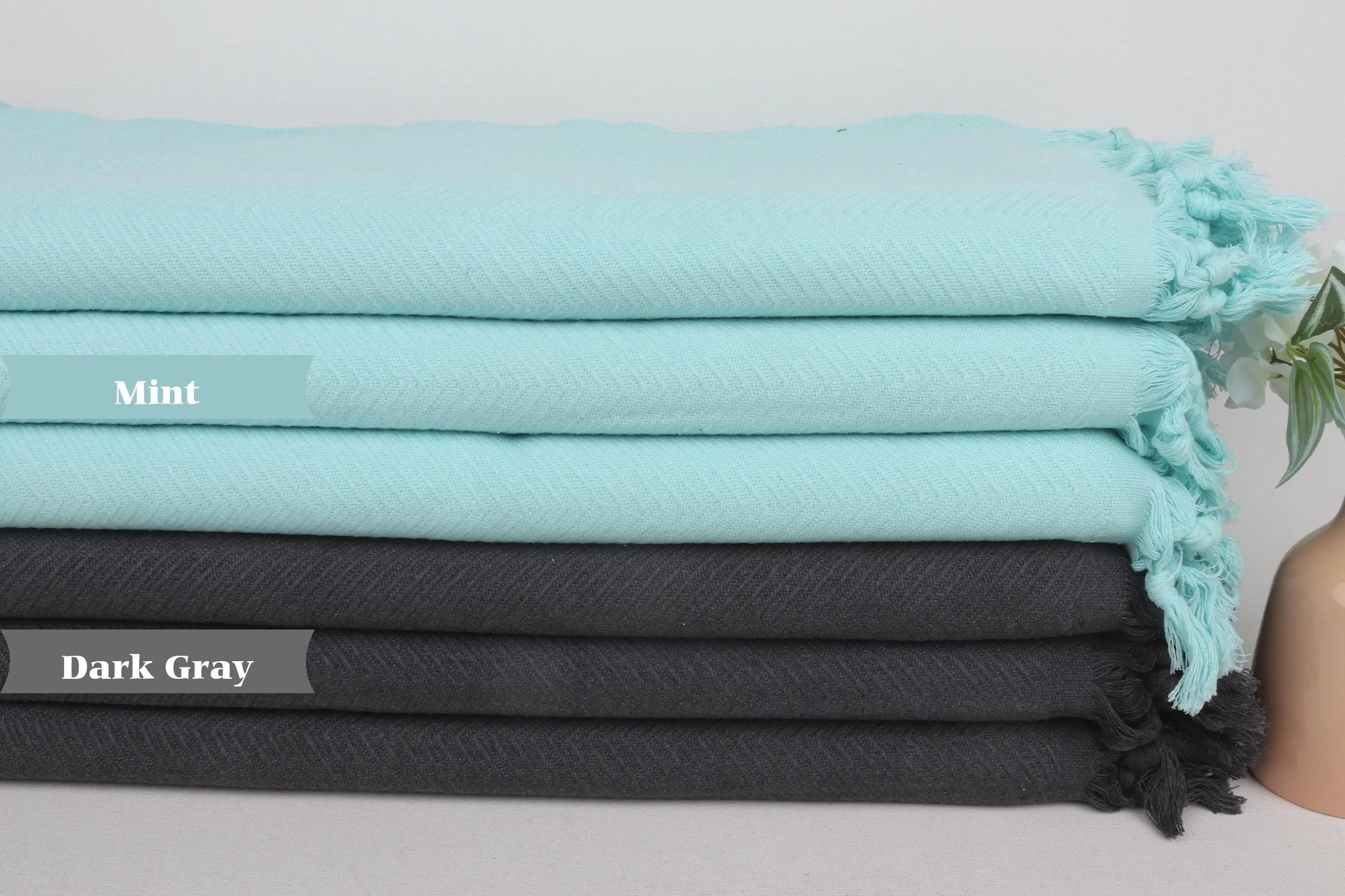 Wedding Gift Cotton Throw, Herringbone Pattern, 79x87 Inches - 1