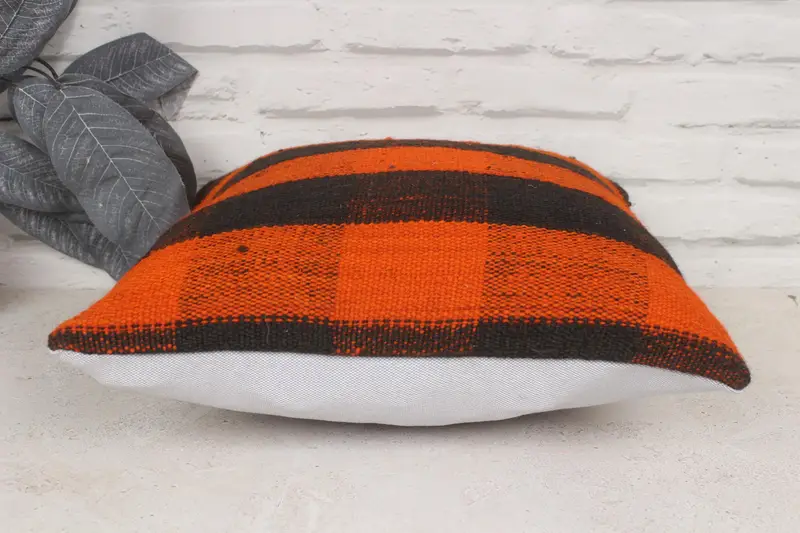Vintage Kilim Pillow, Cushion Cover, Ethnical Kilim Rug Pillow, 14x14 Orange Pillow Case, Turkish Kilim Pillow, Seat Cushion Case - 5
