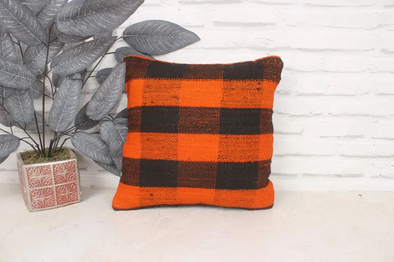 Vintage Kilim Pillow, Cushion Cover, Ethnical Kilim Rug Pillow, 14x14 Orange Pillow Case, Turkish Kilim Pillow, Seat Cushion Case - 1